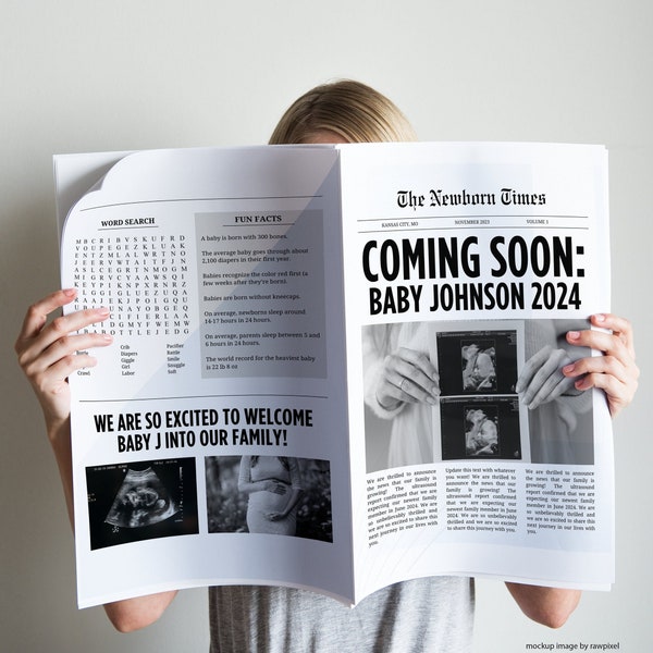 Newspaper Pregnancy Announcement Digital TEMPLATE | Customize in Canva, Print Yourself