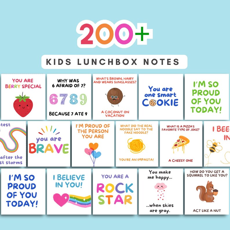 Printable Lunch Box Notes for Kids 200 NOTES: Motivation, Classic Jokes