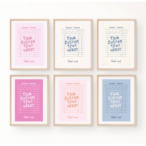 Custom Guest Check Art Print Template | Trendy Retro Wall Art, Digital Download, 6 Color Options, Large Sizes Available