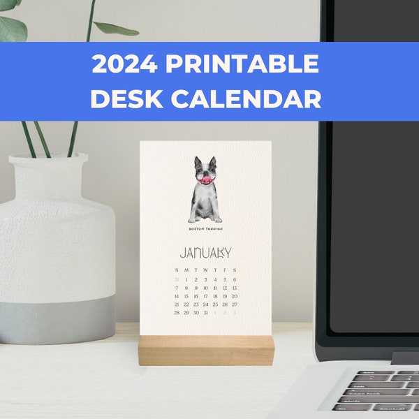 Desk Calendar 2024 Aesthetic Office Decor | Watercolor Dogs | 4x6 Instant Download