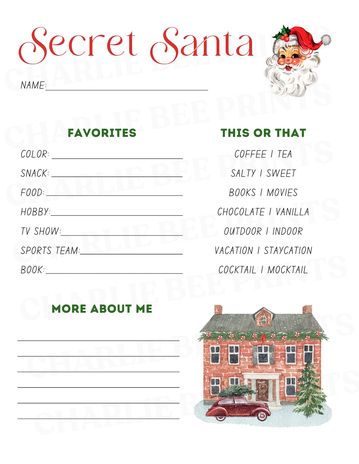 Secret Santa Questionnaire Printable, Secret Santa Form, Secret Santa