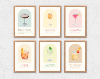 May include: Six printable cocktail recipe cards with watercolor illustrations of different cocktails. Each card features a colorful illustration of a cocktail, the name of the cocktail, and a short description of the ingredients.