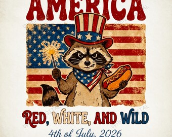 4th of July PNG, Retro Raccoon Fourth of July PNG, Vintage USA Flag Red White and Wild, 2026 Independence Day Sublimation Design
