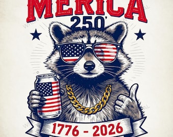Merica 250 Racoon Sublimation Design PNG, Retro 4th of July Raccoon Shirt Design, 250th Anniversary USA Est 1776 Digital Download