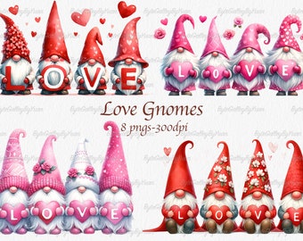 Watercolor Love Gnomes Clipart: Valentine's Day PNG Bundle (Digital Download)