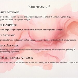 May include: Pink and white watercolor background with text that reads "Why choose us?" and lists the benefits of purchasing digital artwork, including innovative, versatile, vintage, accessible, and commercial-friendly artwork.