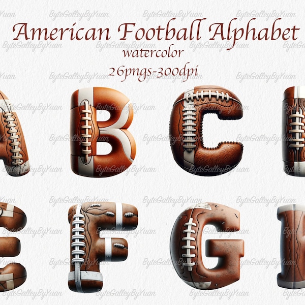 Watercolor American Football Alphabet Png, Football Sublimation clipart, Decorative Letters, Alphabet Clipart,Clipart Bundle,Sports Alphabet