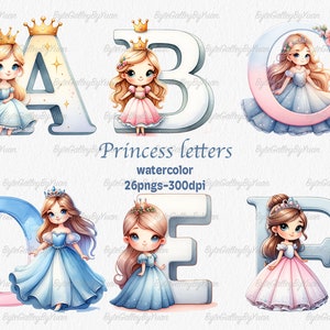 Watercolor Cartoon Princess Alphabet, letters Png, Alphabet Png, Cute princess png, Decorative Letters, Alphabet Sublimation, Gift for girls