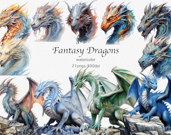 Clipart de dragón de fantasía en acuarela: 21 ilustraciones PNG (uso comercial)