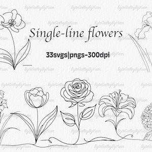 Op de afbeelding: Een set van 33 enkellijns bloemenillustraties in zwart-wit. De bloemen omvatten een orchidee, een iris, een gladiool, een tulp, een roos, een lelie en een hortensia. De illustraties zijn perfect voor het maken van digitale of fysieke knutselwerken.