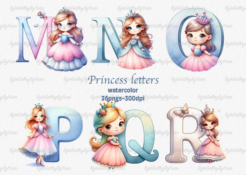Watercolor Princess Alphabet Clipart: Decorative Letters PNG (digital ...