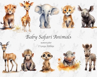 Watercolor Baby Safari Animals Clipart: Nursery Decor (PNG Files)