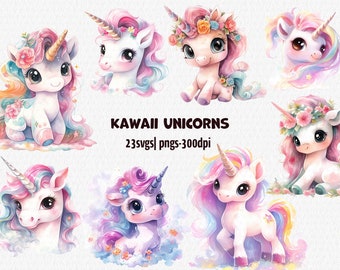 May include: A set of eight digital illustrations of cute, cartoon unicorns with rainbow manes and tails. The unicorns are in various poses, some with flowers in their manes. The text "KAWAII UNICORNS 23svgs| pngs-300dpi" is at the bottom of the image.
