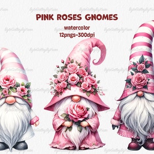 Rose gnome PNG clipart. Valentine&#39;s Day gnome cute watercolor clipart, hand drawn gnomes, gnomes sublimate designs download, commercial use