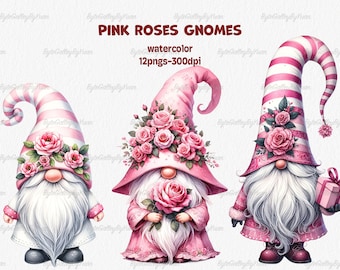 May include: Three watercolor gnomes with pink and white striped hats. Each gnome is wearing a pink dress and has a white beard. The gnomes are decorated with pink roses and have different accessories, including a bouquet of pink roses, a pink gift box, and a pink and white striped hat.