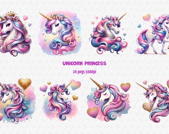 May include: A set of 20 digital illustrations of unicorns with colorful manes and tails. The unicorns are depicted in various poses, including standing, running, and looking at the viewer. The illustrations are set against a background of pink, blue, and purple watercolor washes.