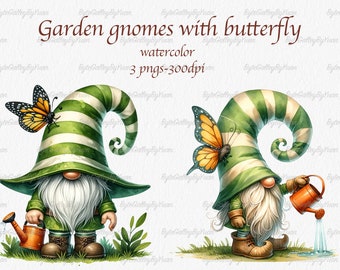 Nain de jardin avec papillon PNG clipart. Clipart nain papillon, png gnomes dessinés à la main, téléchargement de dessins sublimes gnomes, usage commercial