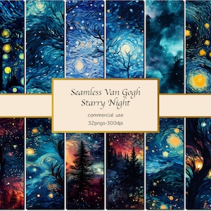 Van Gogh Starry Night Digital Paper, bezszwowy wzór, wzór nieba. Clipart księżyca, papier nocny. Papier cyfrowy akwarelowy Darmowe komercyjne wykorzystanie