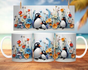 3D Penguin Mug Wrap: Floral Animal Design (PNG Digital Download)
