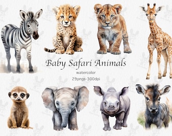 Aquarell Baby Safari Tiere Clipart: Kinderzimmer Deko (PNG Digital Download)