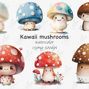 Niedliche Aquarell Kawaii Pilz Clipart Bundle für kommerzielle Nutzung, Aquarell, niedlich, kawaii, Pilz, Clipart, Png-Dateien, scrapbooking