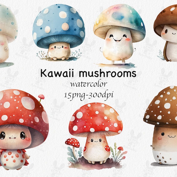 Cute Watercolor Kawaii Mushroom Clipart Bundle for Commercial Use, watercolor, cute, kawaii, mushroom, clipart, png files, scrapbooking