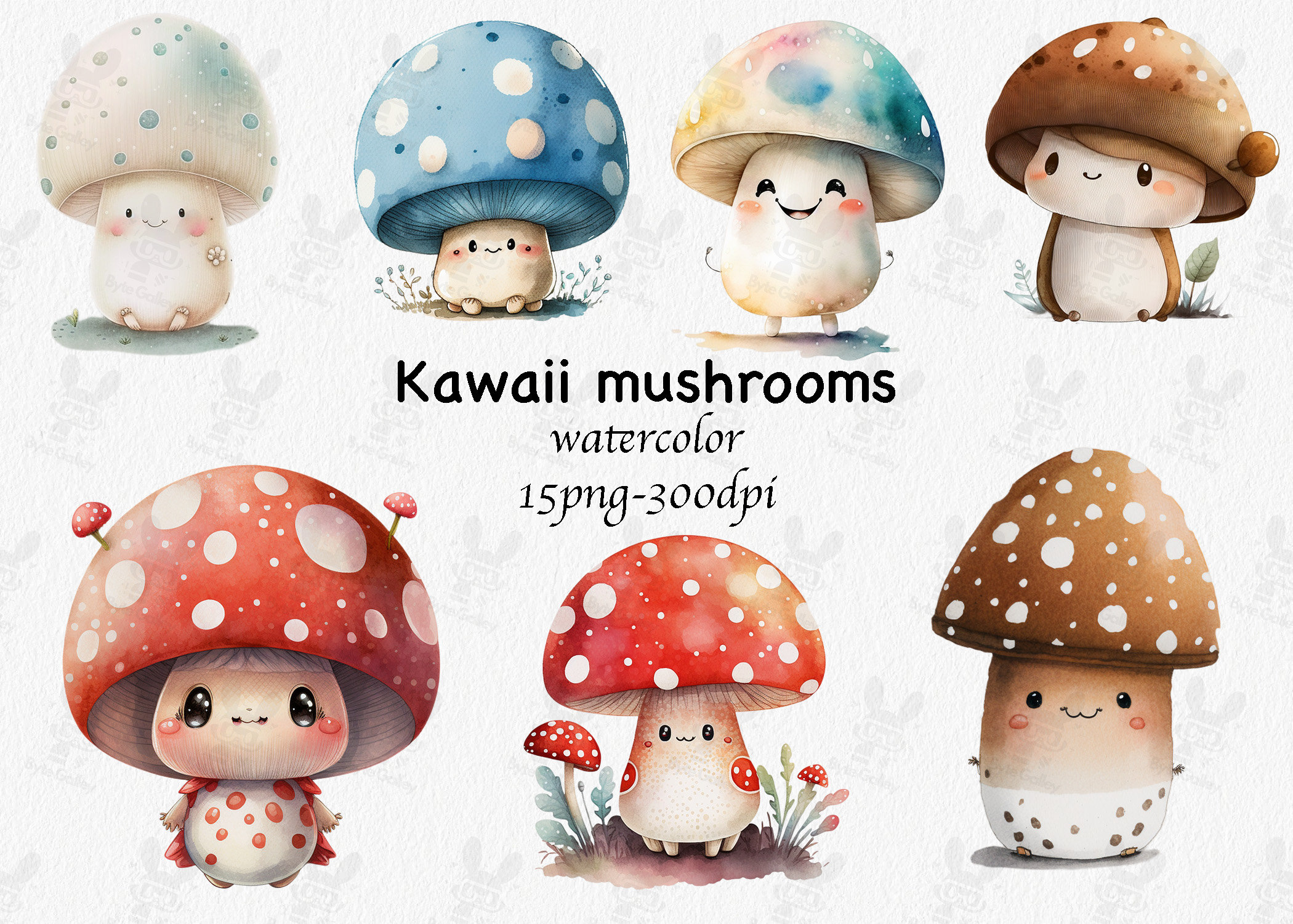 Cute Watercolor Kawaii Mushroom Clipart Bundle for Commercial Use