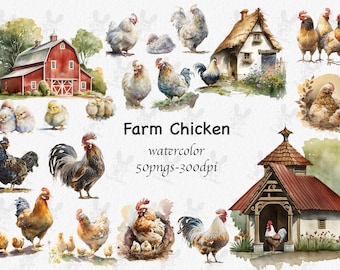 Watercolor Chicken Clipart: Farm Animal PNG Bundle (Commercial Use)