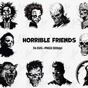 Könnte beinhalten: Ein Set mit 10 Schwarzweißillustrationen von Horrorfiguren, darunter ein Werwolf, ein Zombie, ein Schädel und der Sensenmann. Der Text "HORRIBLE FRIENDS" und "34 SVG - PNGS 300dpi" ist ebenfalls im Bild enthalten.
