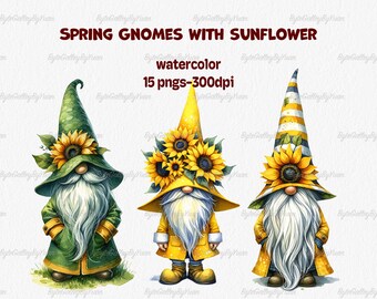 Op de afbeelding: Drie aquarelgnomen met zonnebloemen op hun hoeden. De gnomen dragen groene, gele en blauwe outfits. De tekst "SPRING GNOMES WITH SUNFLOWER" en "watercolor 15 pngs-300dpi" staat bovenaan de afbeelding.