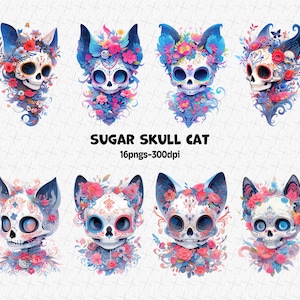 Bezaubernde Zuckerkatze Clipart, süße Skelettkatze, Sugar Skull Cat Clipart PNG, Tag der Toten Bundle, La Catrina Day Bundle PNG, kommerzielle Nutzung