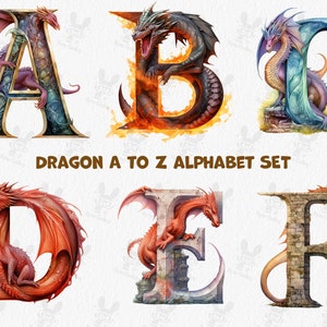 Acuarela Dragón Alfabeto Png, Dragón Clipart, Letras Decorativas, Alfabeto Clipart, Sublimación Png, Paquete de Imágenes Prediseñadas, Alfabeto Animal