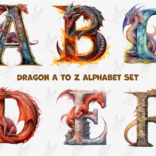 Watercolor Dragon Alphabet Png, Dragon Clipart ,Decorative Letters ,Alphabet Clipart ,Sublimation Png, Clipart Bundle ,Animal Alphabet