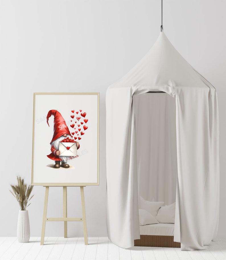 May include: A red and white gnome holding a white envelope with red hearts floating around him. The gnome is standing on a white background.