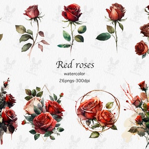 Rote Aquarell-Rosen-Clipart - rote Rosen im PNG-Format, sofortiger Download für kommerzielle Nutzung, Kartengestaltung, Scrapbooking, Junk-Journal