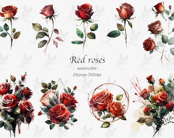 Red Watercolor Roses Clipart - red roses in PNG format instant download for commercial use, Card making, Scrapbooking, Junk journal