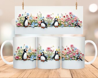 3D Penguin Floral Mug Wrap: 11oz & 15oz Template (PNG Digital Download)
