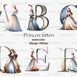 Watercolor Princess Alphabet, letters Png, Alphabet Png, Elegant princess png, Decorative Letters, Alphabet Sublimation, Gifts for girls