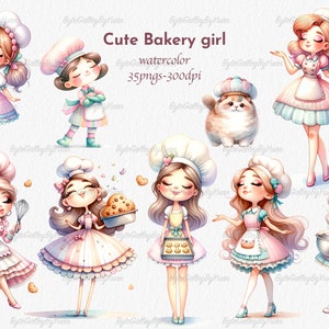 Aquarell Baker Mädchen Clipart-Set. Bäckerei, Süßigkeiten, Kekse, Küche PNG. Kommerzielle Nutzung. 300 DPI PNG-Dateien.