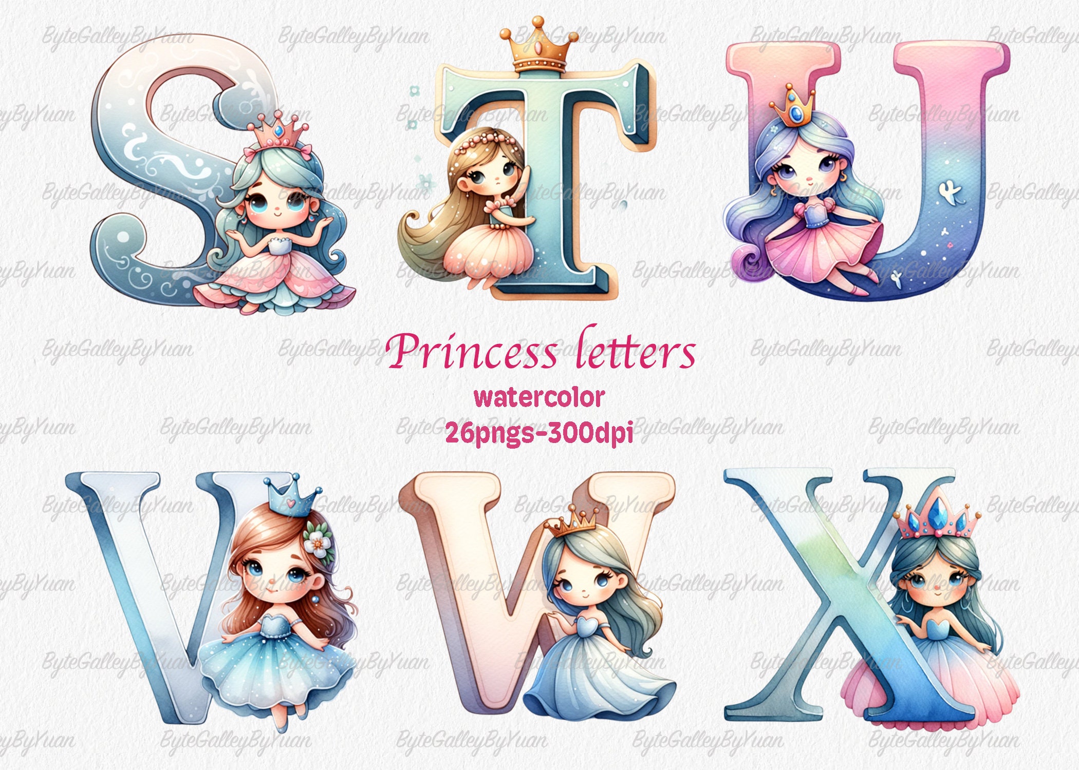 Watercolor Princess Alphabet, Letters Png, Alphabet Png, Cartoon ...