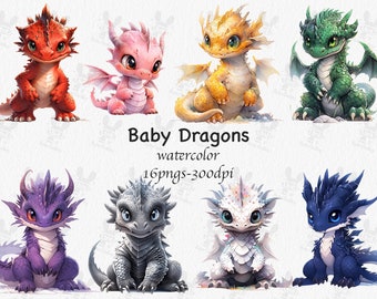 Clipart di drago bambino acquerello: immagini PNG arcobaleno (download digitale)