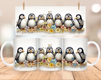 3D Penguin & Flower Mug Wrap: 11oz/15oz Mug Template (PNG Digital Download)