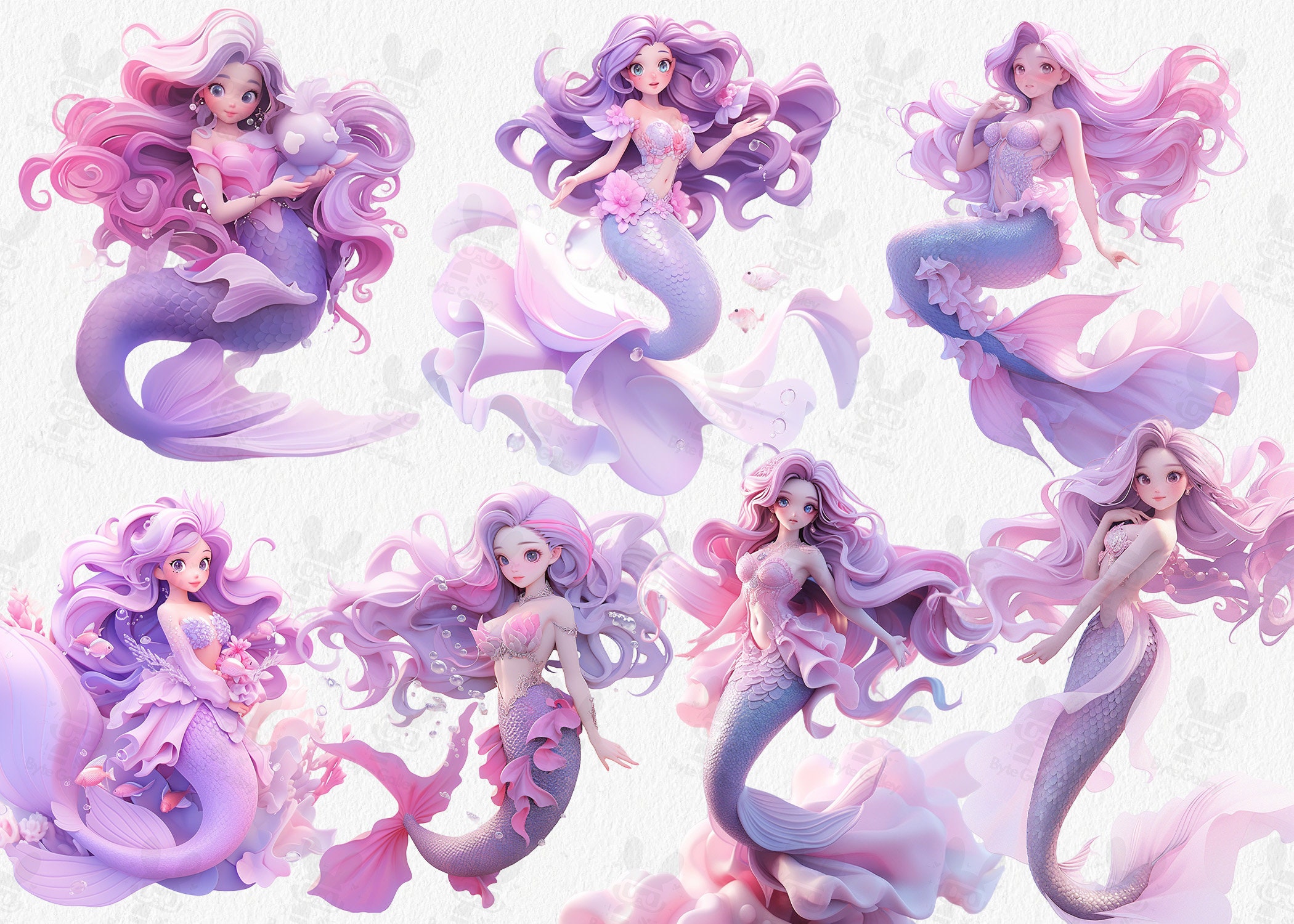 Enchanting Mermaid Clipart Bundle: Watercolor PNG Illustrations ...