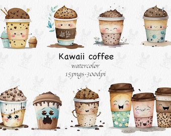 Watercolor Cute Kawaii Coffee Clipart Bundle,Commercial Use, watercolor, cute, kawaii, coffee, clipart, png files, scrapbooking, card making