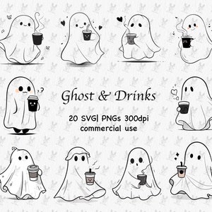 May include: A set of 10 black and white illustrations of cute ghosts holding various drinks. The ghosts are drawn in a simple, cartoon style and have different facial expressions. The text "Ghost & Drinks" is written in a decorative font at the bottom of the image.