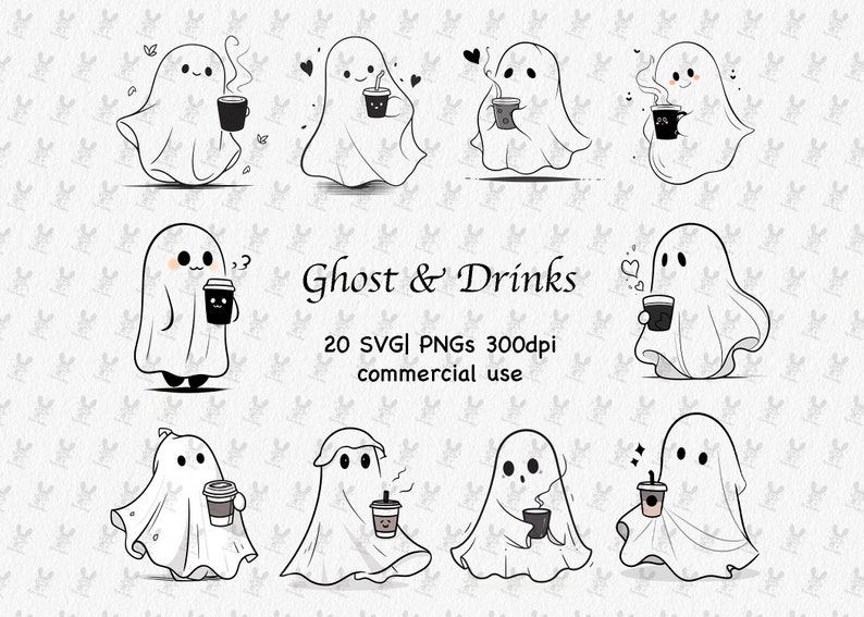 May include: A set of 10 black and white illustrations of cute ghosts holding various drinks. The ghosts are drawn in a simple, cartoon style and have different facial expressions. The text "Ghost & Drinks" is written in a decorative font at the bottom of the image.