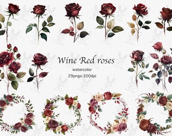 Watercolor Burgundy Roses Clipart - wine red roses in PNG format instant download, commercial use,  Card making, Scrapbooking, Junk journal