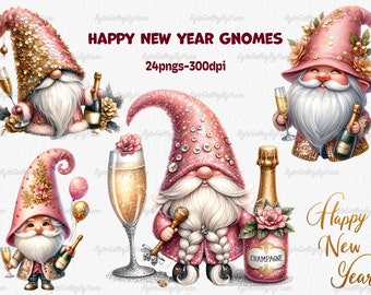 Happy New Year Gnomes PNG: Pink Champagne, Festival Design (Digital Download)