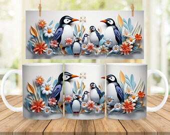 3D Penguin Mug Wrap: Spring Floral Design (PNG Digital Download)