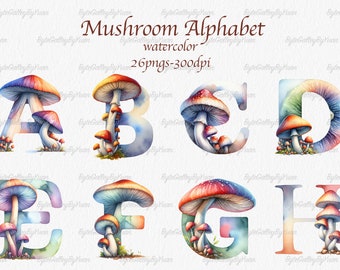 Watercolor Mushroom Alphabet Clipart Bundle (PNG Files)